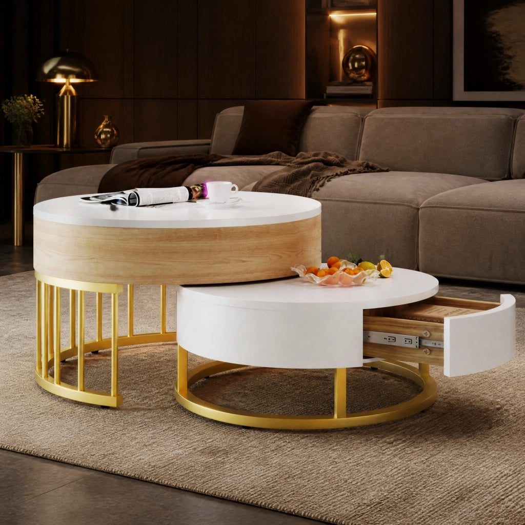 TAVOLINO DA CAFFÈ Set da 2 pezzi rotondo sollevabile 70x70/60x60 cm MDF Bianco/Oro