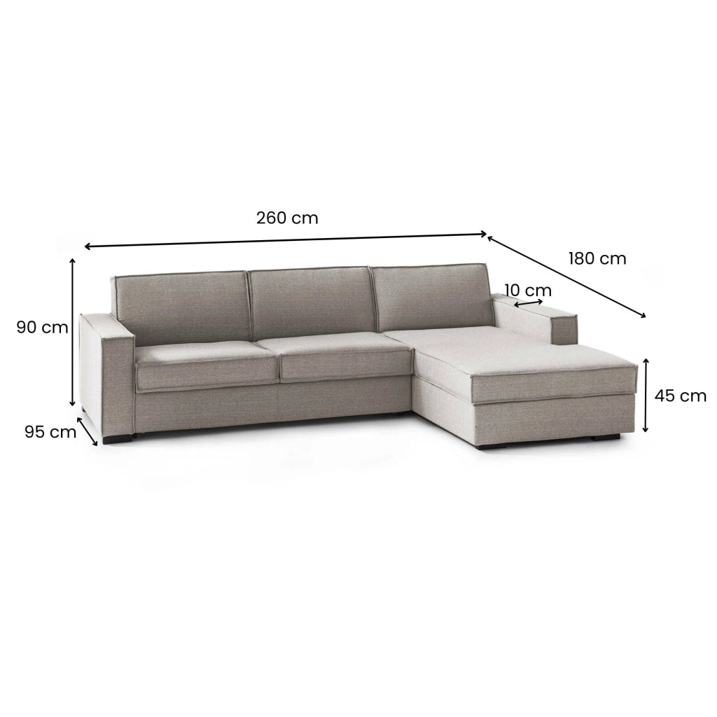 Afar, Divano Letto con Penisola Sfoderabile Made in Italy, 260x95 cm Grigio Tortora