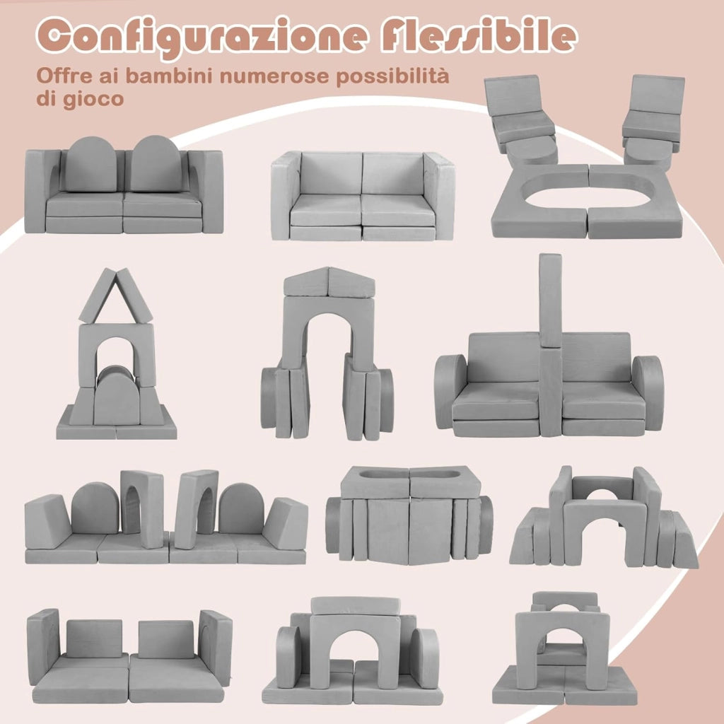 Divano Giocattolo per Bambini a 8 Pezzi, Divano Modulare per Bambini in Schiuma con Tessuto Suede, Poltrone per Bambini per Stanze da Gioco, Camere da Letto, Soggiorno (Grigio)