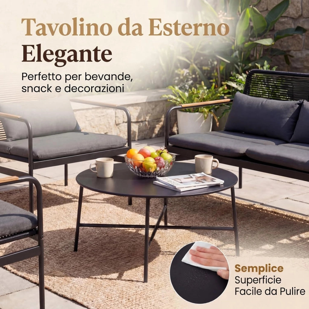 Set Salotto da Giardino 4 Pezzi in Rattan PE, Tavolo da Giardino con 2 Poltrone e Divano a 2 Posti, Set Mobili da Esterno con Struttura in Metallo e Cuscini Imbottiti, per Balcone e Patio