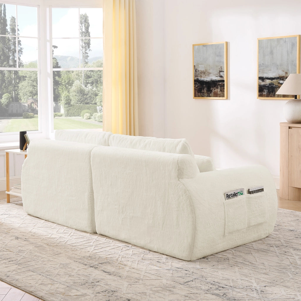Divano a 2 posti con porte USB e tasca laterale in tessuto effetto pelliccia di coniglio per piccoli spazi beige