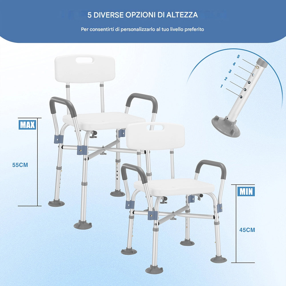 Sedia Sgabello da Bagno Doccia Altezza Regolabile Maniglie Sicurezza in Alluminio e HDPE Bianco