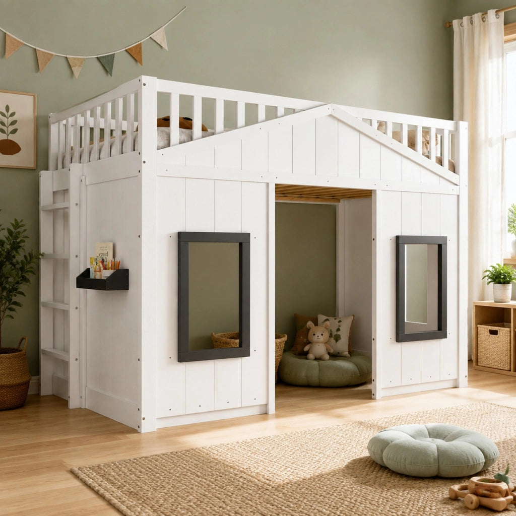 Letto a castello per bambini 90x200 cm con scala e finestre