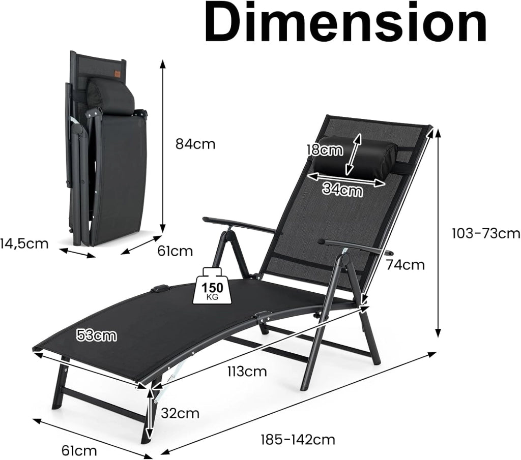 Sedia a sdraio con poggiatesta, lettino pieghevole con schienale regolabile in 7 posizioni, carico 150 kg, sedia da esterno ergonomica con braccioli, 142 x 61 x 103 cm (nero)