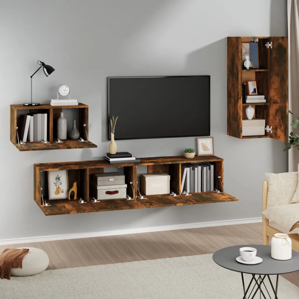Set di Mobili Porta TV 4 pz | Armadietto TV | Mobile Porta TV Rovere Fumo in Legno Multistrato
