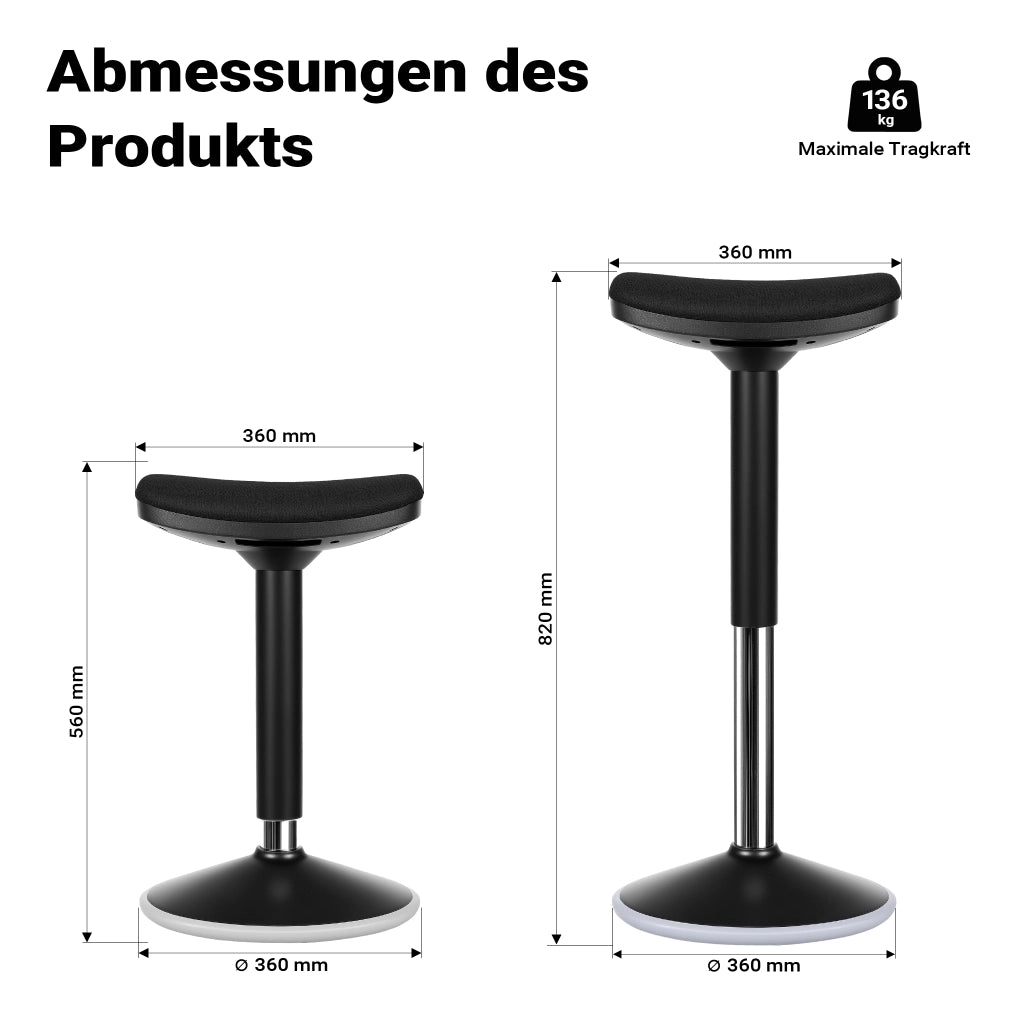 Sgabello sit stand nero, sgabello girevole regolabile in altezza fino a 82 cm, max 135 kg, sgabello ergonomico per casa, ufficio, officina