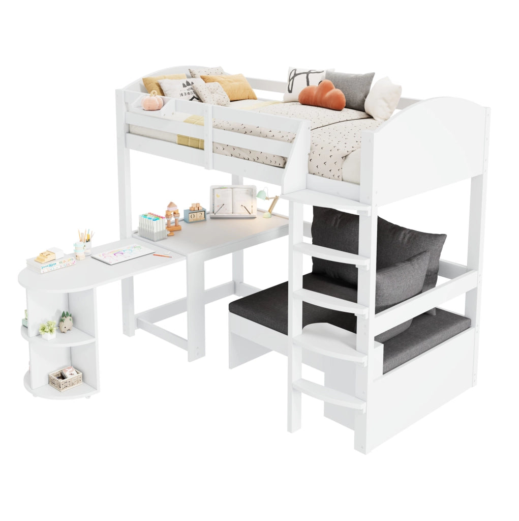 Letto a castello per bambini 90x200 cm in legno massiccio bianco con scrivania estraibile e contenitore