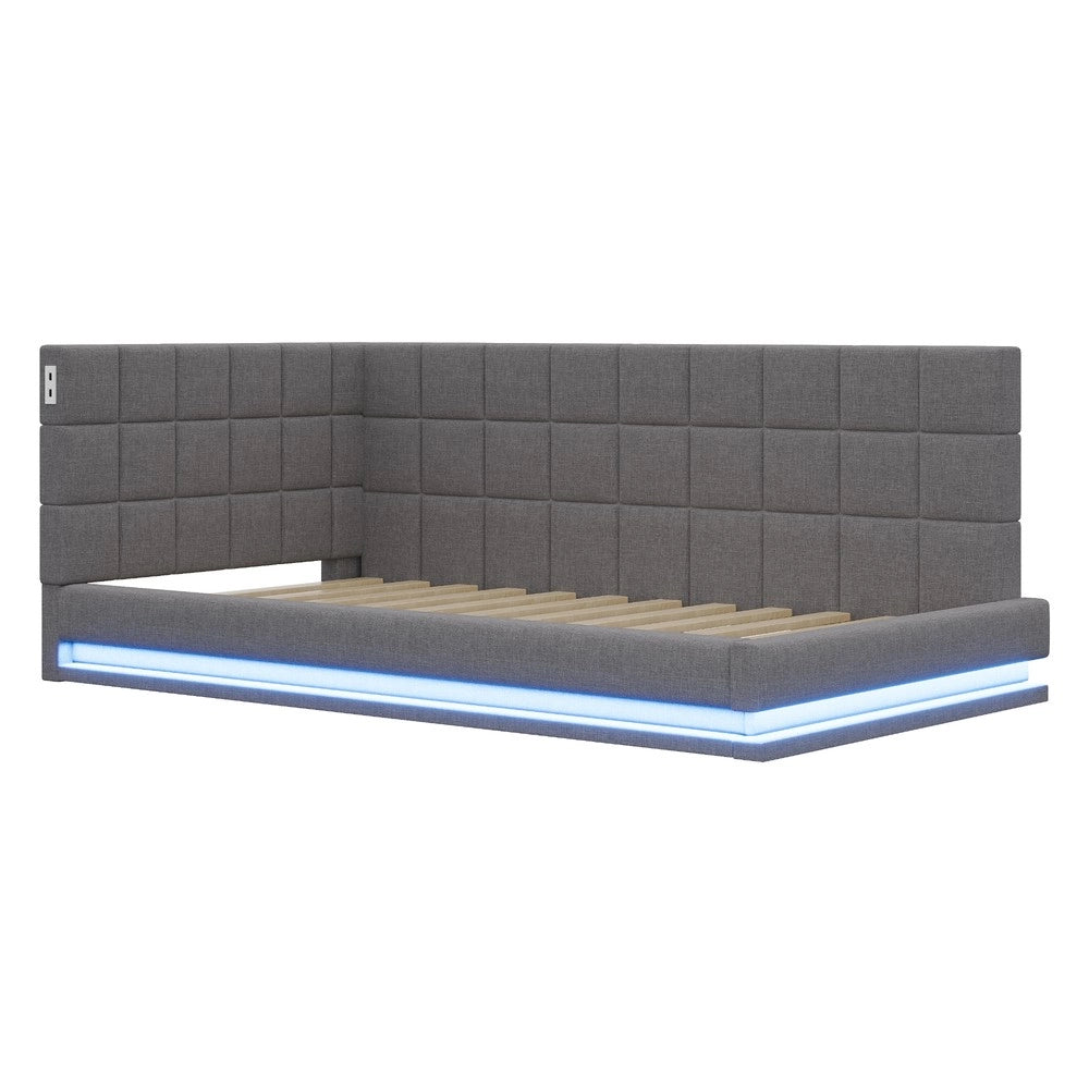 Letto Imbottito con LED e Rete a Doghe ¨C MINIMAL ¨C Tessuto Grigio 90x200