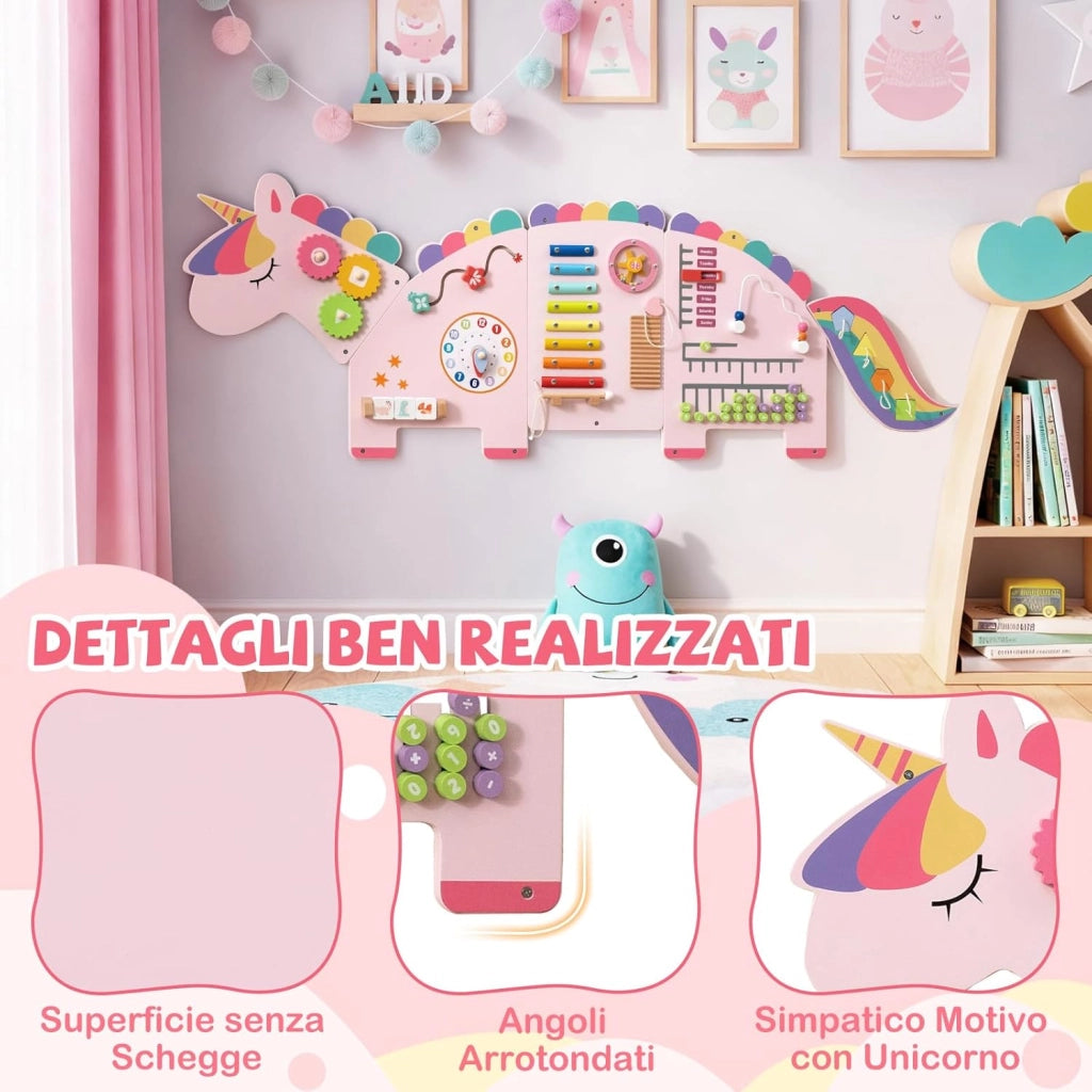 Pannelli da Parete con attività, Busy Board 11 in 1 Montessori in Legno per Sviluppo Sensoriale, Centro di attività Educativo Montato a Parete per Stanza Giochi, Asilo Nido (Unicorno)