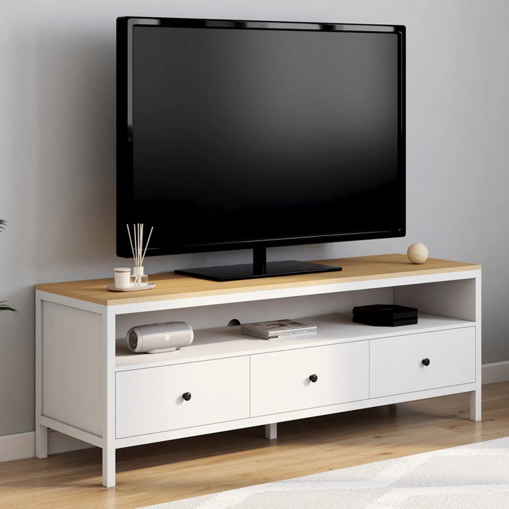 IDMarket - Porta TV ACHILLE 140 cm con 3 cassetti bianchi e piano in legno
