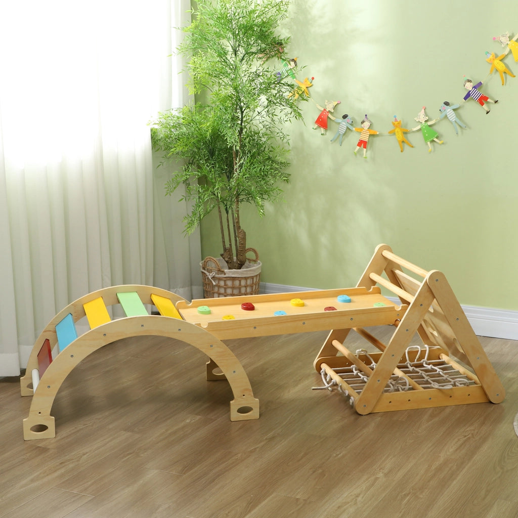 Set Arrampicata Indoor 7in1 con Scivolo ¨C Xylo ¨C Triangolo Arcobaleno Legno Multicolore