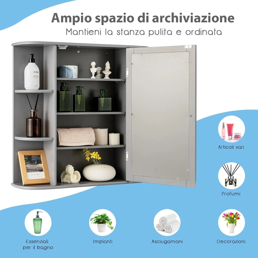 Armadietto del Bagno con Specchio, Armadietto di Legno Appeso con Mensole Regolabili, Armadietto dei Medicinali Multiuso per Bagno Salone Cucina (Grigio)