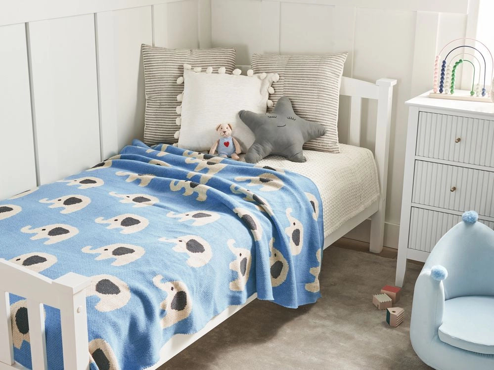 Coperta per bambini in cotone blu 130 x 180 cm per il letto Accogliente motivo elefante Camera da letto Camera dei bambini Design moderno