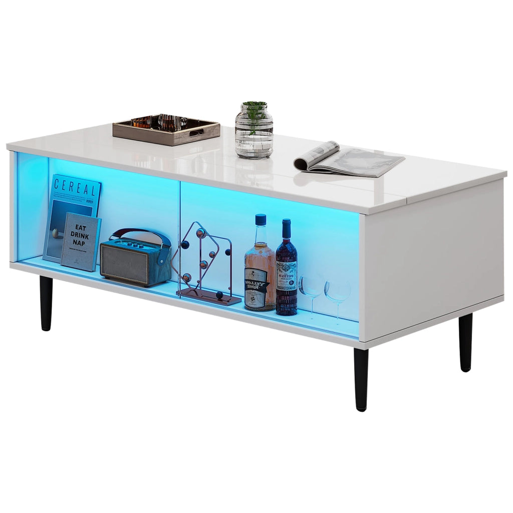 Tavolino da caffè alzabile con LED e vani contenitore - per soggiorno - 105×50×43 cm - bianco
