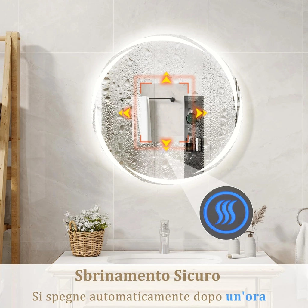 Specchio da Parete 60 x 60cm, Specchio da Bagno Rotondo con Luci Led a 3 Colori, Interruttore a Sfioramento Anti-Appannamento, Funzione di Memoria e Motivo a Onda, IP44