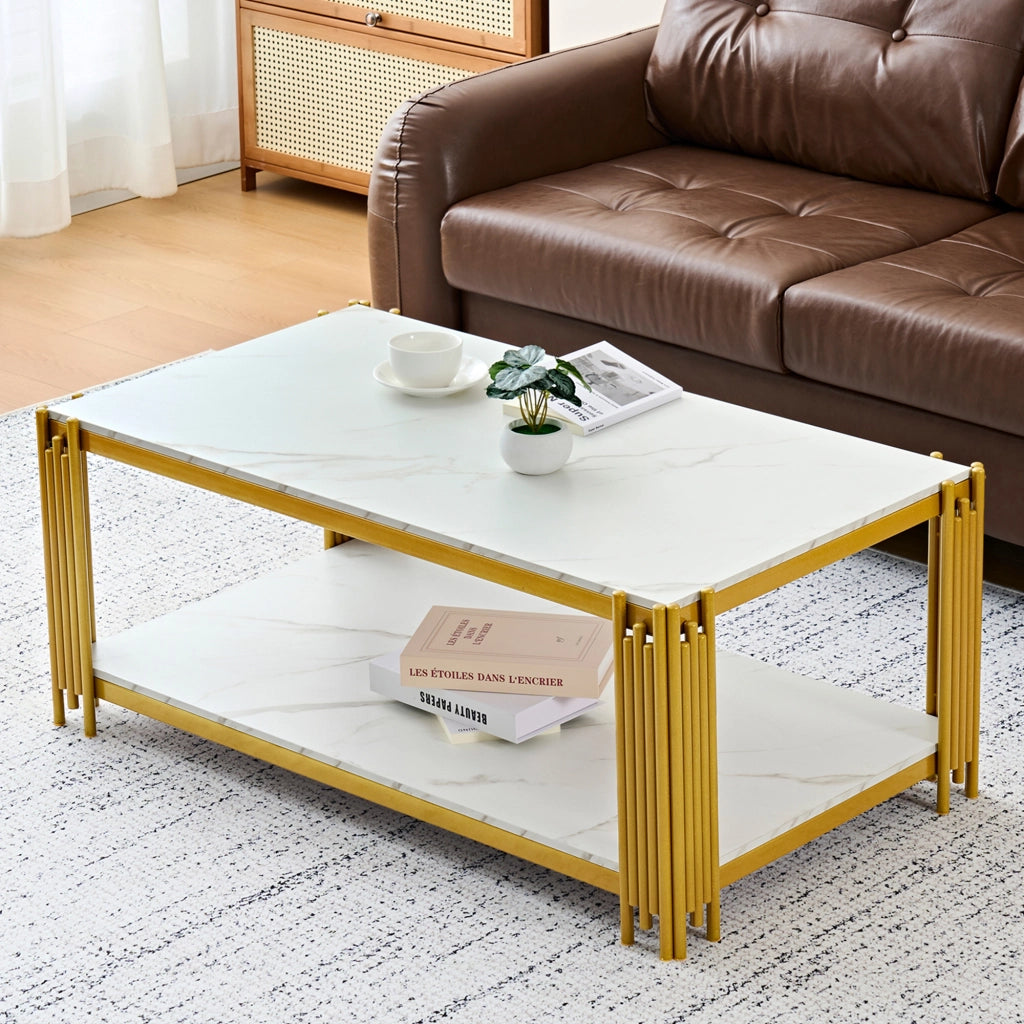 TAVOLINO DA SALOTTO Rettangolare H46/B1140/T64 cm in MDF e metallo, Oro/Bianco