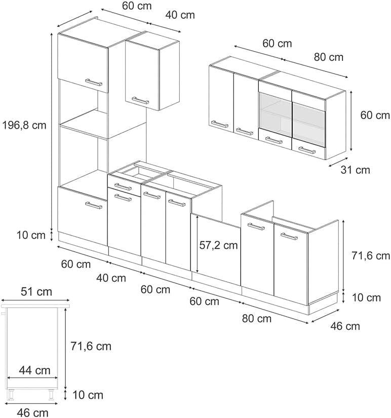 Cucina componibile R-Line, Antracite lucido/oro power oak, 300 cm con armadio alto, PL Marmo, per l'espansione personalizzata tramite moduli aggiuntivi compatibili