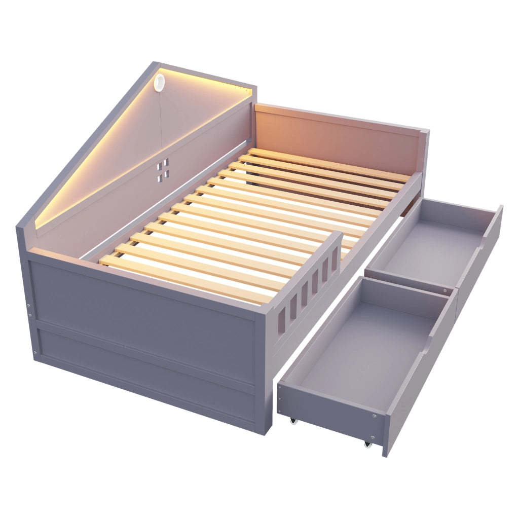 Letto singolo 90×200 cm con 2 cassetti; LED e struttura in legno massello e MDF; senza materasso; grigio