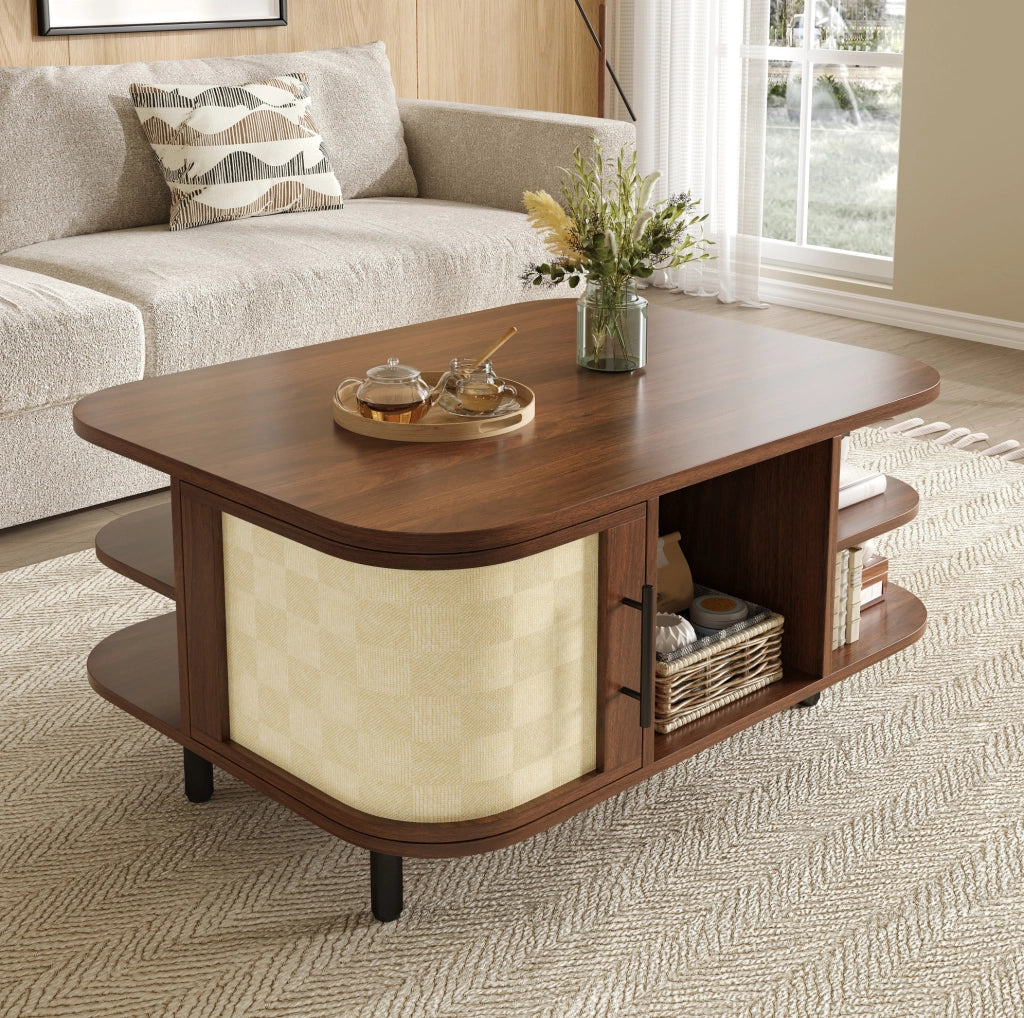 Tavolino da caffè sagomato 80x60x47 cm in MDF; colore noce; con spazio contenitivo