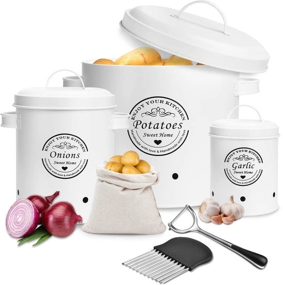 Set di contenitori ventilati per la conservazione di patate, cipolle e aglio (bianco) con 3 contenitori