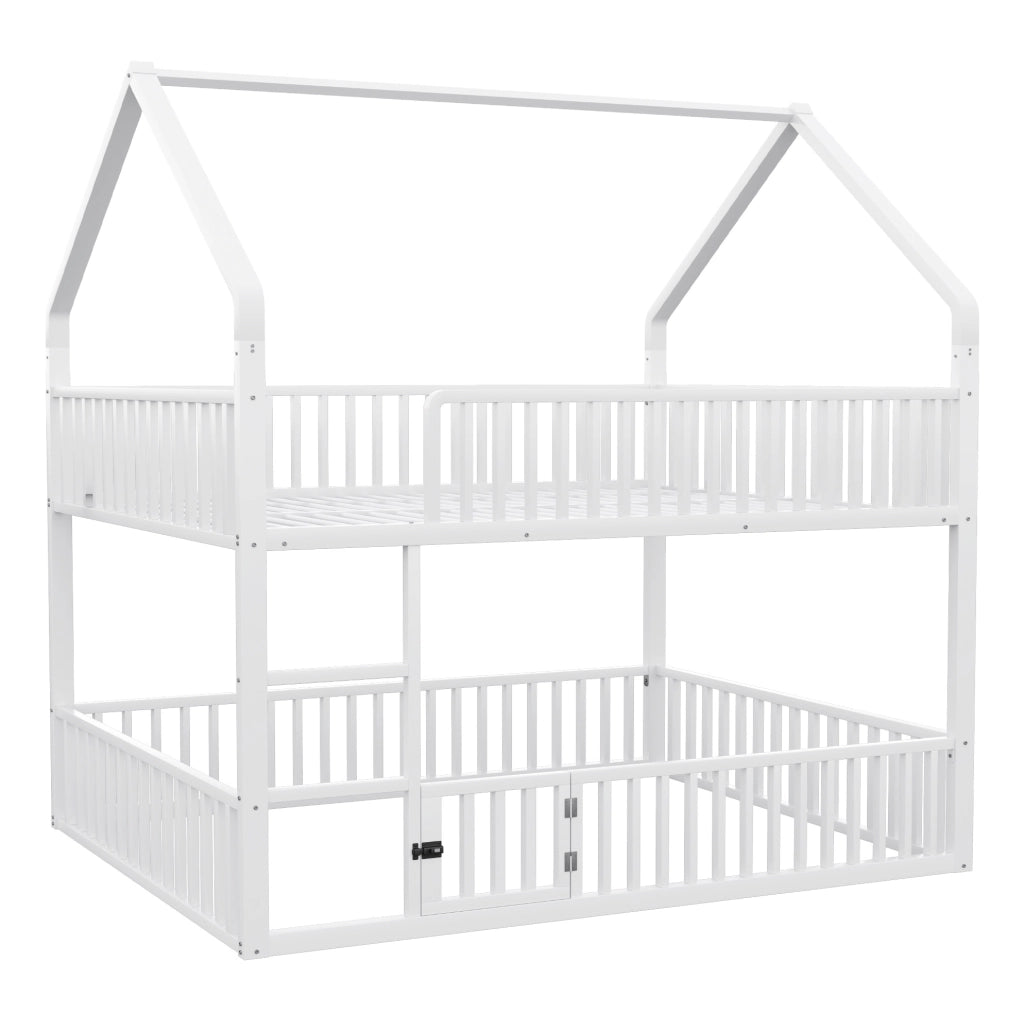 Letto a castello 140x200 cm a forma di casa con scala e porta in metallo bianco