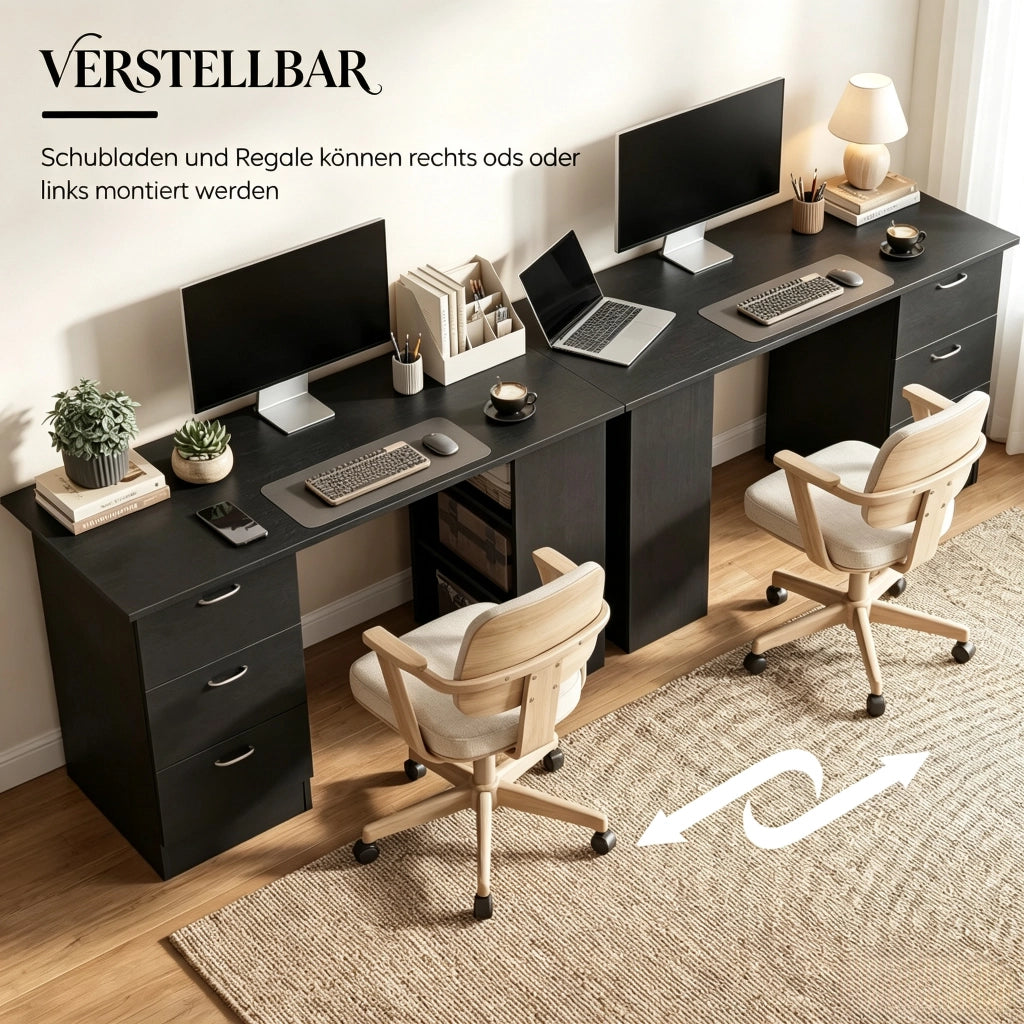Scrivania con 3 cassetti e 3 ripiani reversibili in MDF nero per studio camera e soggiorno di casa 120 × 49 × 72 cm