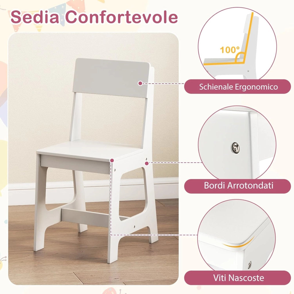 Set Scrivania e Sedia per Bambini 3+ Anni, Tavolo da Scrittura in Legno con Mensole, Cassetto e Bacheca in Sughero, Tavolo e Sedia per Disegno e Studio (Bianco)