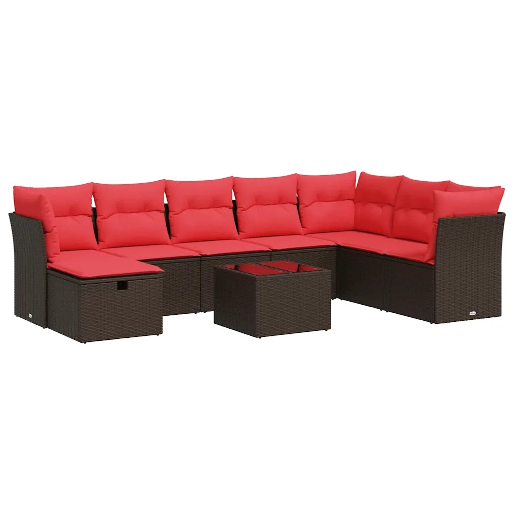 Set Divani da Giardino 9pz con Cuscini Marrone in Polyrattan
