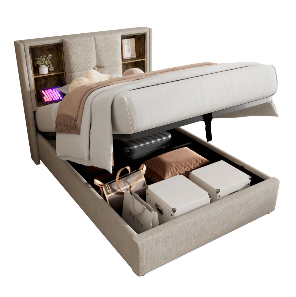 Letto singolo 90x200 cm con ricarica wireless; USB C e contenitore; lino naturale