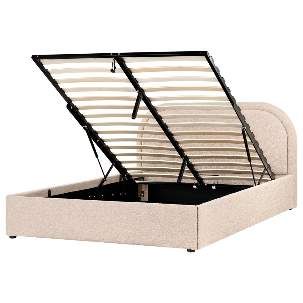 Letto moderno con contenitore e testata imbottita in bouclé beige chiaro 140 x 200 cm