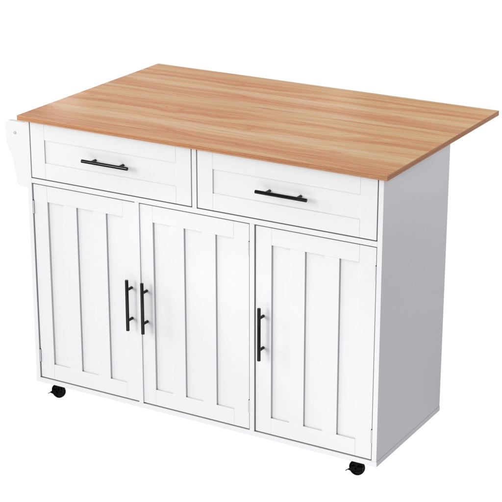 Isola da Cucina Mobile 129x46/71x91;5 cm Bianca con Piano Effetto Marmo; 2 Cassetti; Ripiani e Ruote