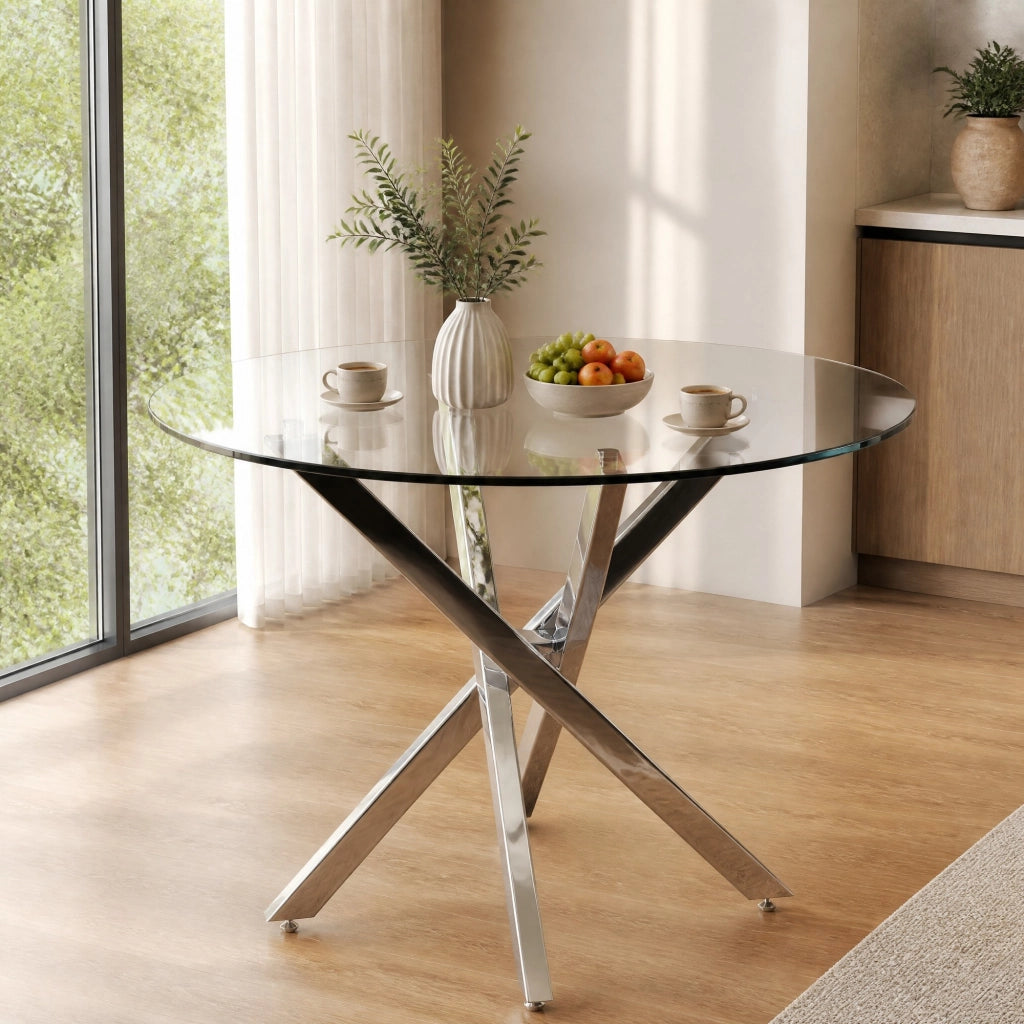Tavolo rotondo moderno 80x80 cm in vetro temperato e metallo, colore argento