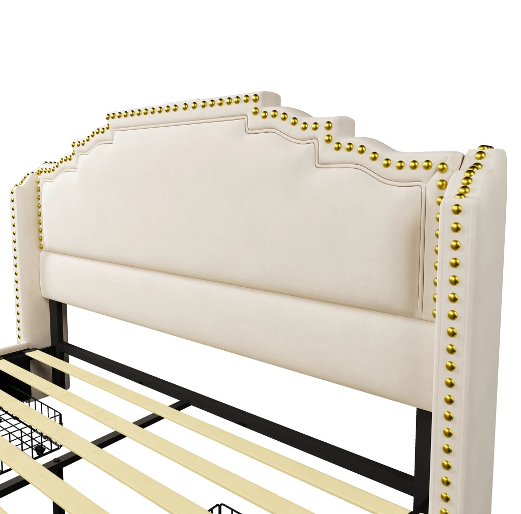 Letto imbottito 160x200 cm con 4 cassetti, LED, USB e USB-C in velluto beige