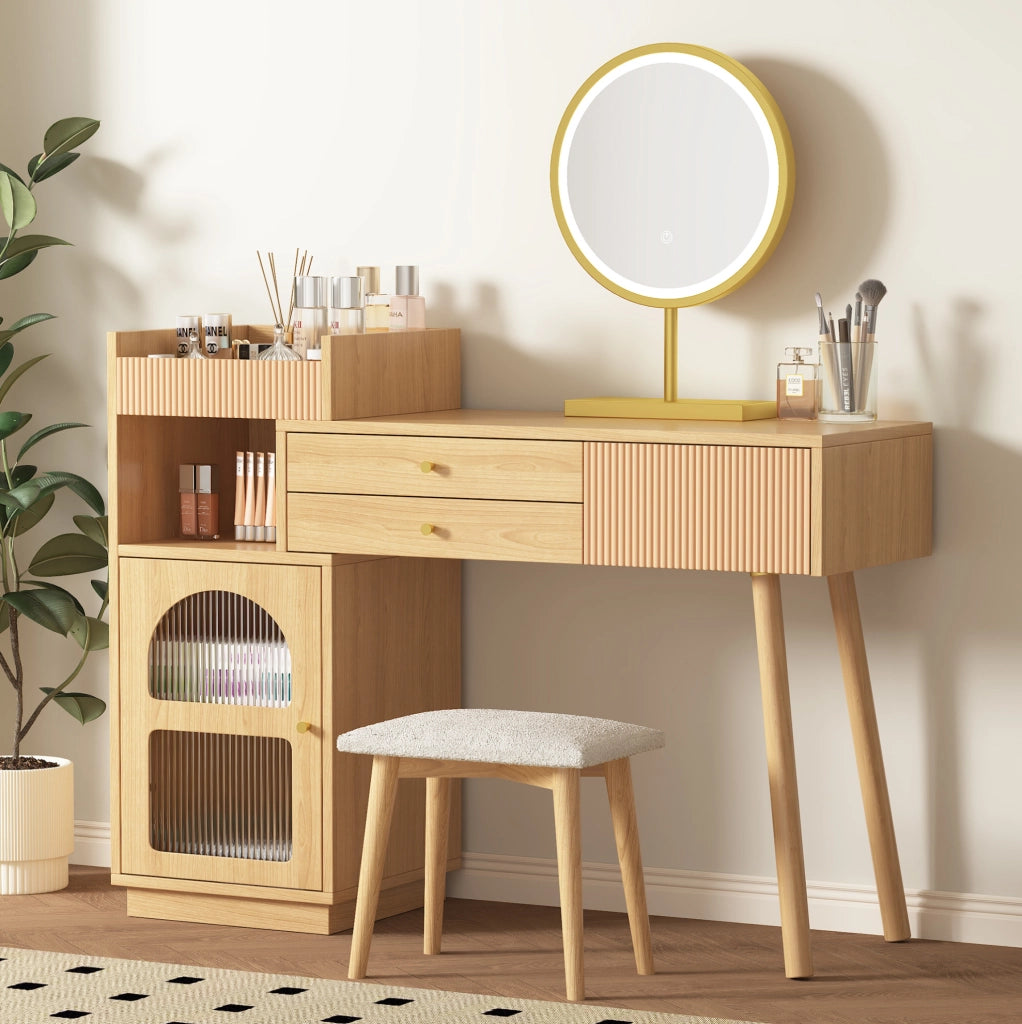 Tavolo da trucco con specchio LED a tre colori e ampio spazio