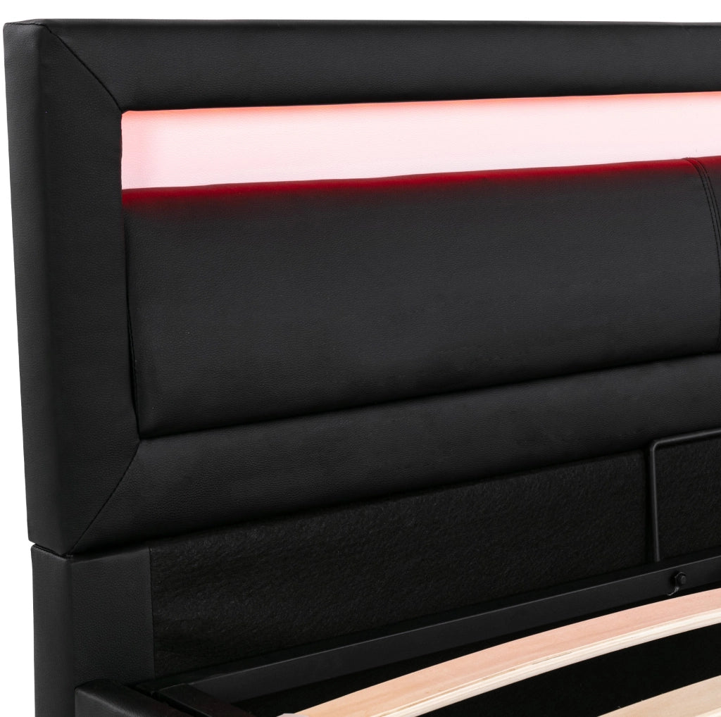 Letto imbottito con contenitore e LED 140x190 cm; testiera 80 cm; rete a doghe inclusa; PU nero