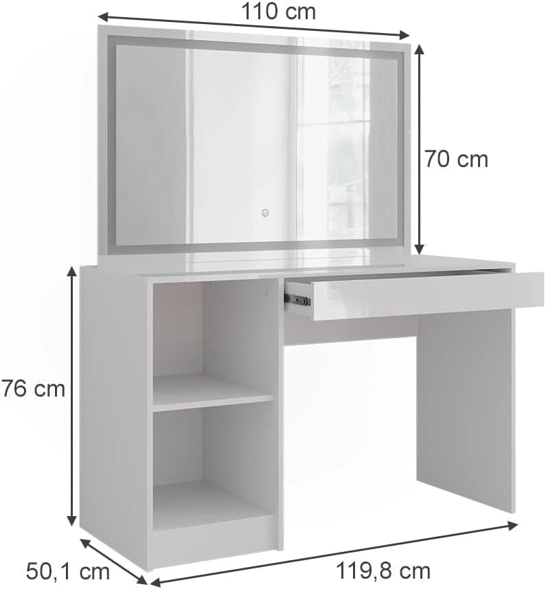 Tavolo da toeletta Sherry, Bianco/bianco lucido, 119.8 cm con specchio LED