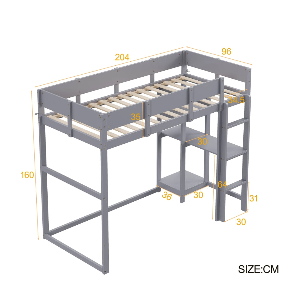 Letto a soppalco grigio 90x200 cm in pino massello con ripiano e rete