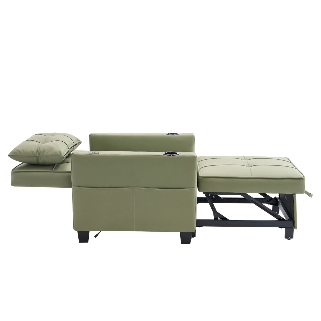 Poltrona letto 3 in 1 estraibile con schienale regolabile; USB e tasca laterale in legno e metallo - avocado