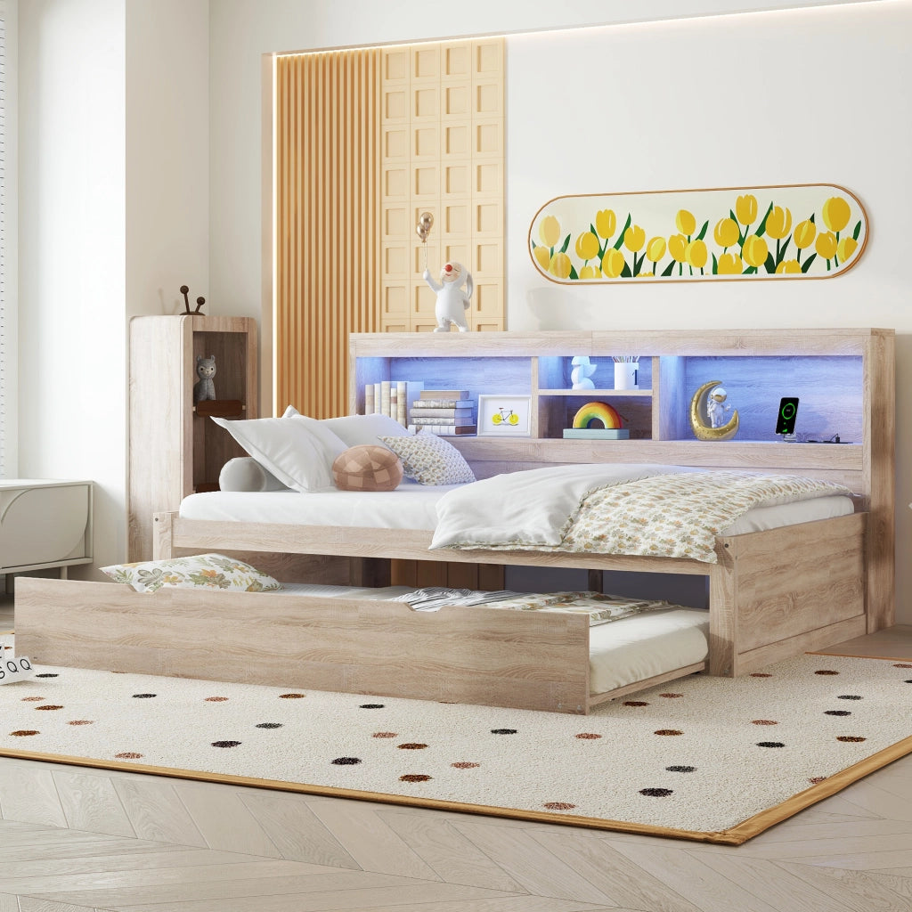 OKWISH Letto a Divano 90×200 cm, Letto Singolo con LED Regolabile, Presa e USB, Letto Estraibile 90×190 cm, senza Materasso, Naturale