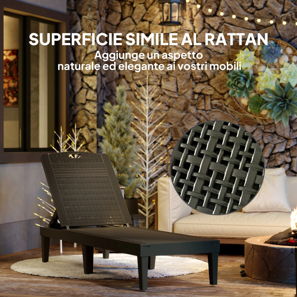 Set 2 Lettini Prendisole con Schienale Regolabile Effetto Rattan a Doghe Nero
