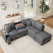 Divano letto angolare 5 posti con pouf contenitore; USB e Type-C grigio HOMVRA