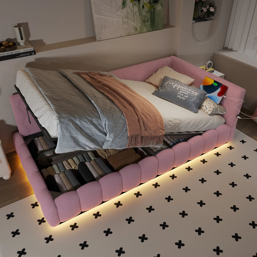DESMIU Letto da giorno 90 × 200 cm 1 posto con contenitore, LED, USB, Type-C, senza materasso, velluto, rosa