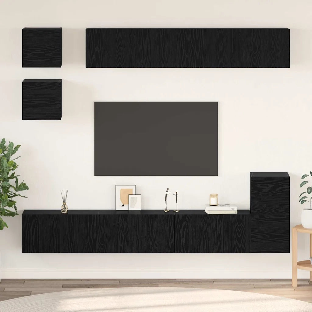 Set mobile TV 8 pz-Credenza per TV Rovere Nero Legno multistrato 600116