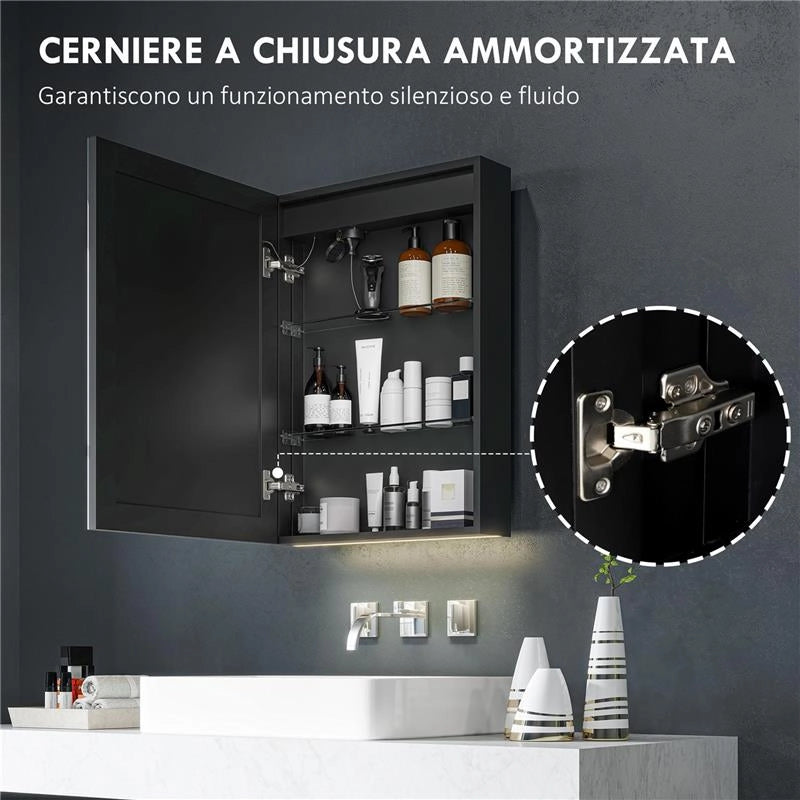 ARMADIETTO BAGNO CON SPECCHIERA, LUCI LED REGOLABILI E FUNZIONE ANTI-APPANNAMENTO, NERO