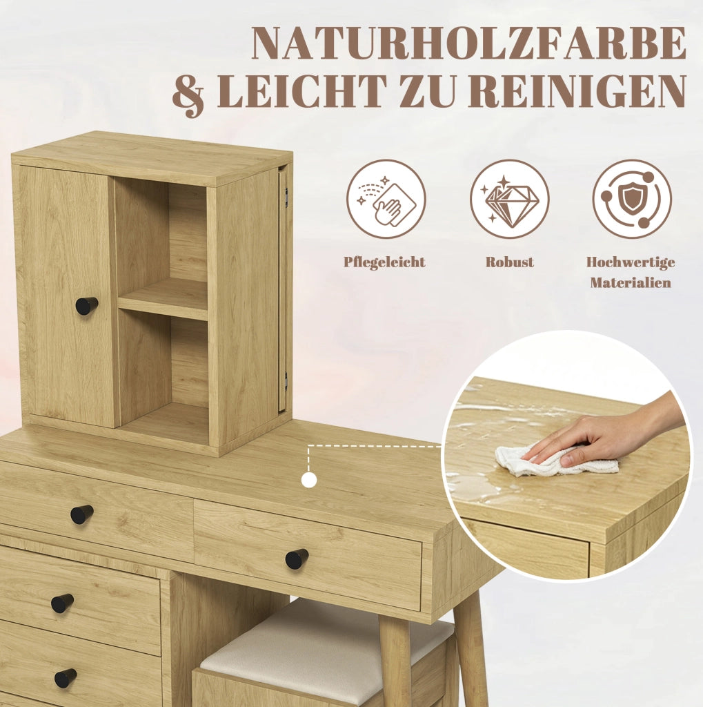 Tavolo da trucco moderno con specchio estraibile; piano allungabile 84 x 40 cm; legno ingegnerizzato naturale e beige