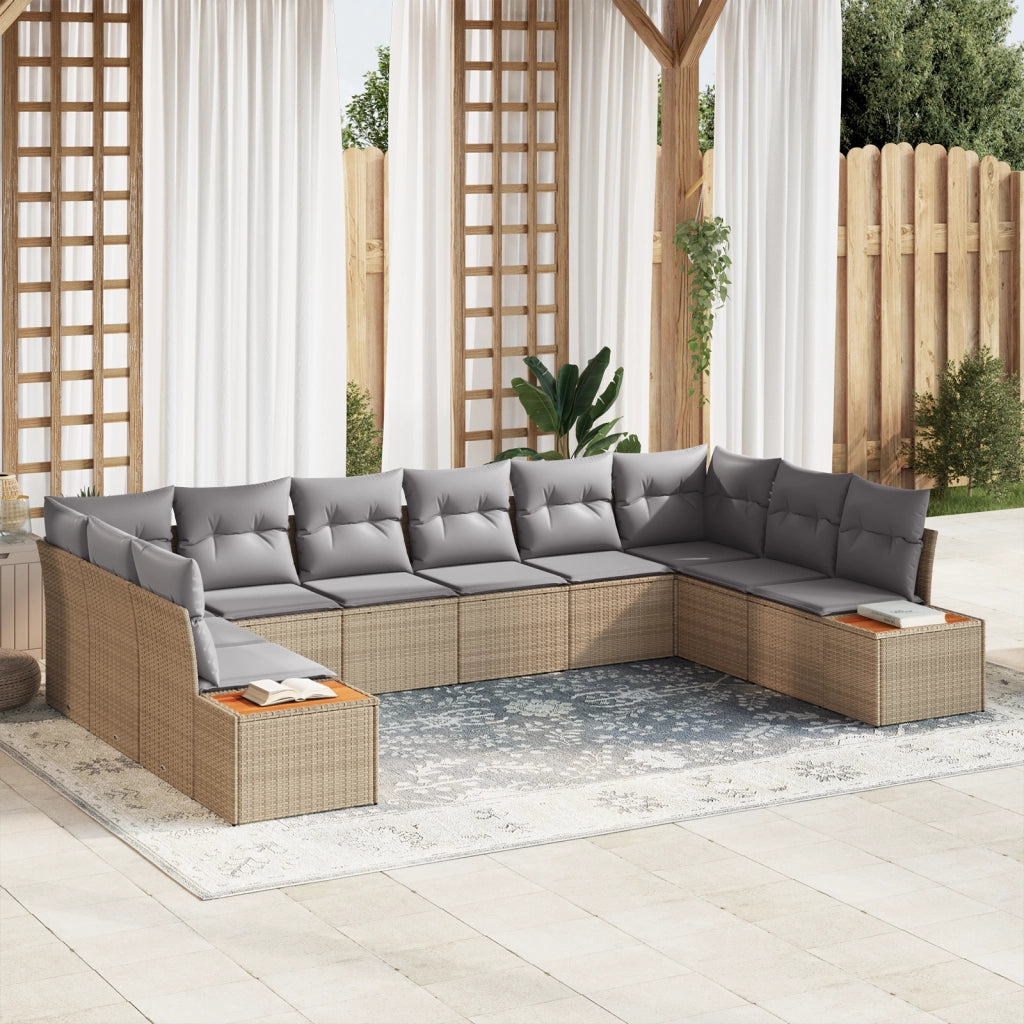 Set Divano da Giardino da 10 Pezzi con Cuscini Beige Polyrattan Acacia