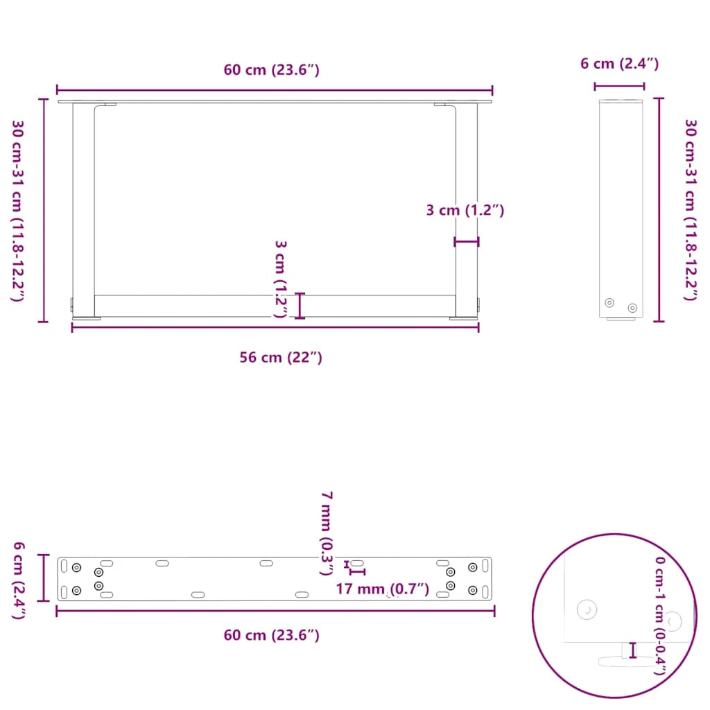 Set di 2 gambe per tavolino a forma di U 60 x 31 cm con piedini regolabili design moderno in acciaio antracite 02_0057382