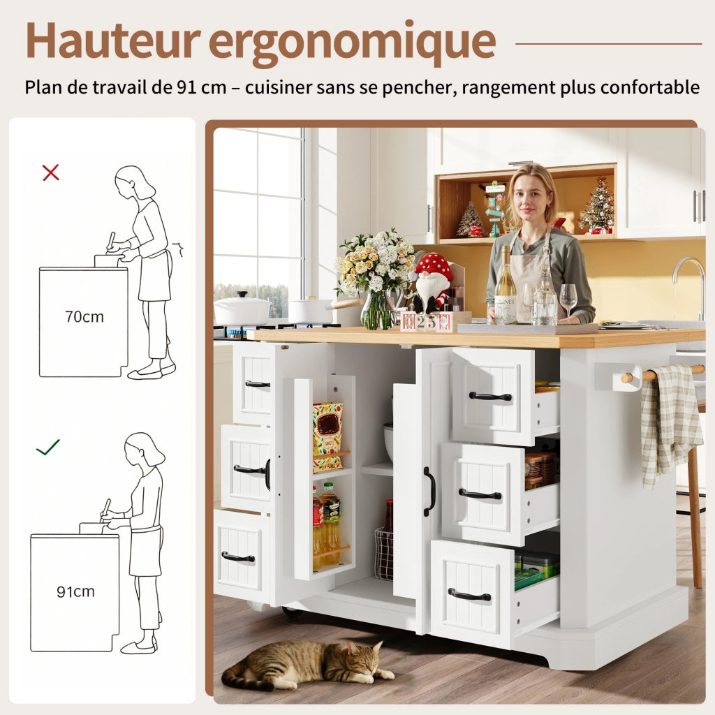 OKWISH Carrello da Cucina con 2 Ante e 6 Cassetti, 5 Ruote con 2 Freni, per Cucina, Bianco, 120×45×91 cm