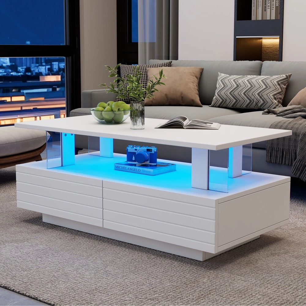 Tavolino da caff¨¨ rettangolare con LED e cassetti ¨C Minimal ¨C Bianco, doppio ripiano, 100x50x45
