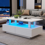 Tavolino da caff¨¨ rettangolare con LED e cassetti ¨C Minimal ¨C Bianco, doppio ripiano, 100x50x45